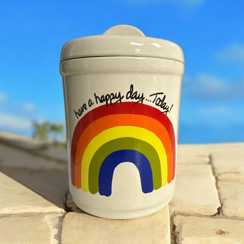 Vtg Califonis Pottery Rainbow 9”‎ Ceramic Cookie Jar Have a Happy Day… Today!